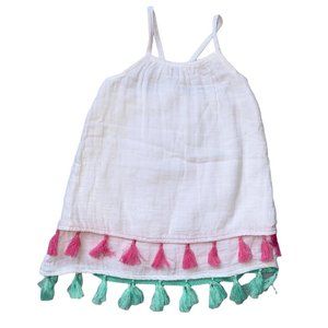 Mud Pie white cotton gauze muslin sundress pink turquoise tassels 4T/5T NWOT